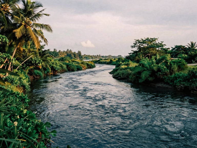 Serene river flowing through lush green coastal landscape in Aceh, soft overcast maritime daylight, rich textures, 35mm.