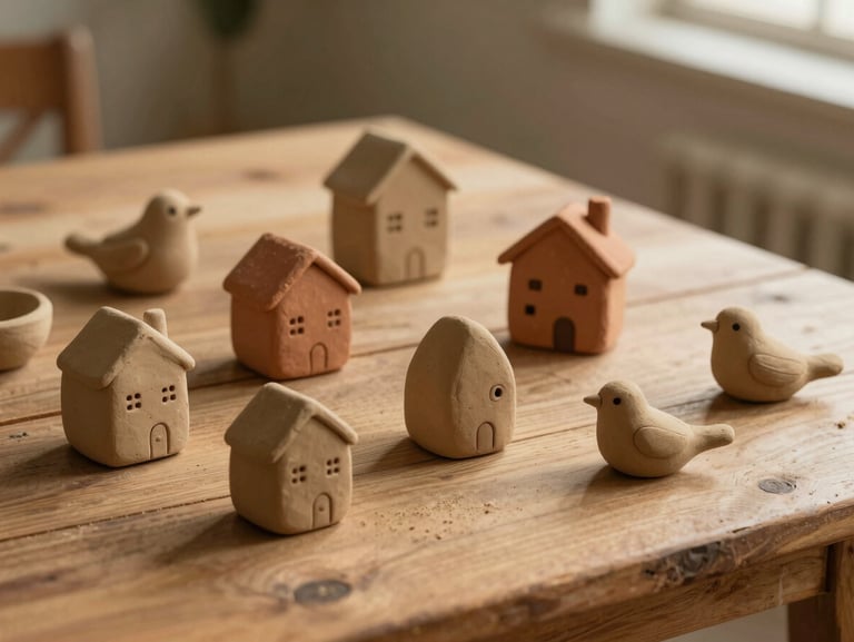 A collection of small clay sculptures shaped like houses and birds, resting on a rustic wooden table, soft morning light, warm sand tones.