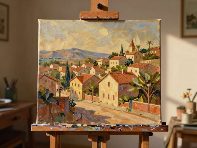 An oil painting on canvas showing a dreamlike neighborhood landscape with warm colors, drying on a wooden easel in a sunlit room.