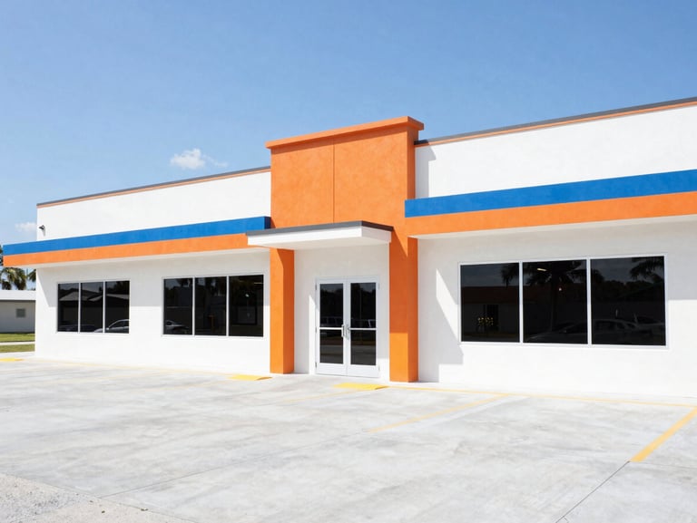 Bright high-contrast daylight commercial photography of a modern, clean Florida commercial property exterior, sharp details, 50mm lens