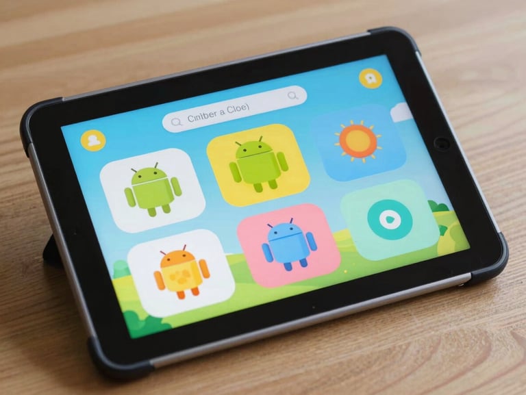 High-fidelity Android mockup of a children's learning application on a tablet, featuring oversized touch targets and high-contrast playful UI components under colorful ambient screen glow.