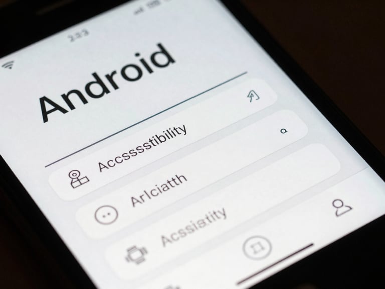 Close-up of a senior-focused Android interface, showcasing high-contrast typography, simplified linear navigation, and prominent accessibility features.