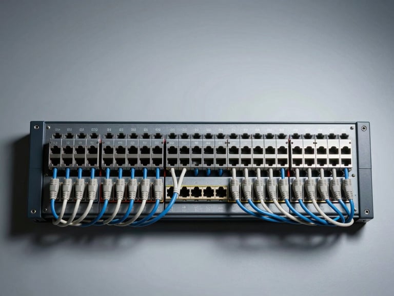 Overhead shot of a precisely cabled network patch panel, cool controlled studio light, sharp shadows emphasizing the ordered geometry of cable runs and port labels, wide crop with generous negative space above, no people