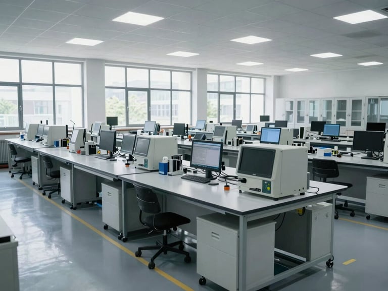 Wide environmental shot of a clean engineering workspace with empty workstations, cool north-facing daylight through large windows, emphasis on the ordered layout of equipment and clear horizontal lines, no people, no clutter