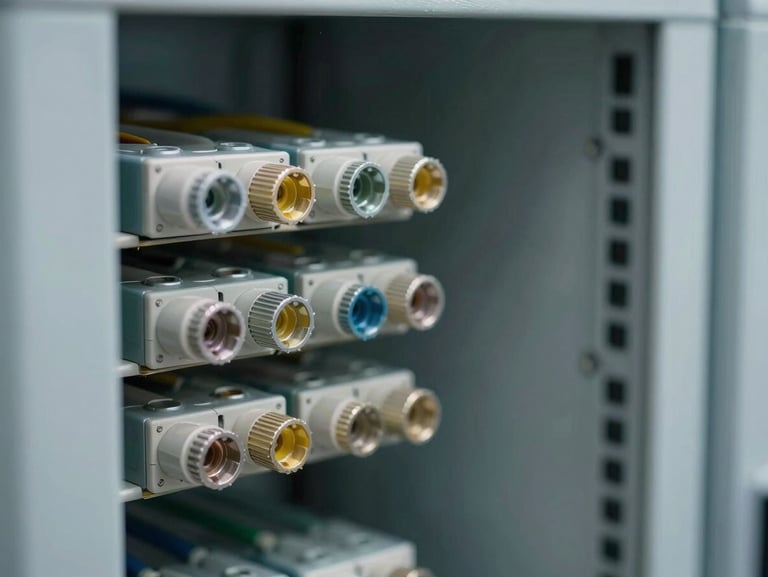 Tight close-up of structured fiber optic cable terminations in a telecommunications cabinet, cool north-facing light revealing the precision of each connector, geometric framing with empty space to the right, no people, no signage
