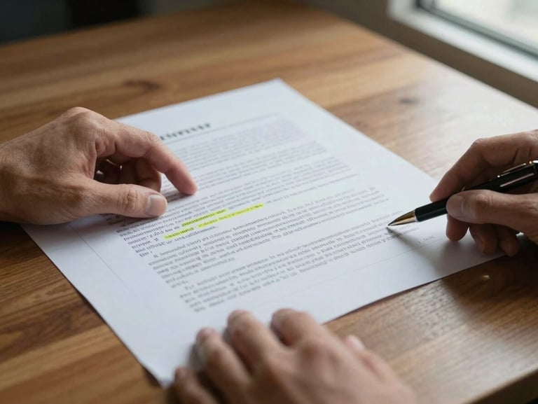 Tight close-up of hands organizing printed financial documents on a wooden desk, a pen resting beside a highlighted contract clause, diffused natural window light from the right, no faces visible, authentic paperwork detail