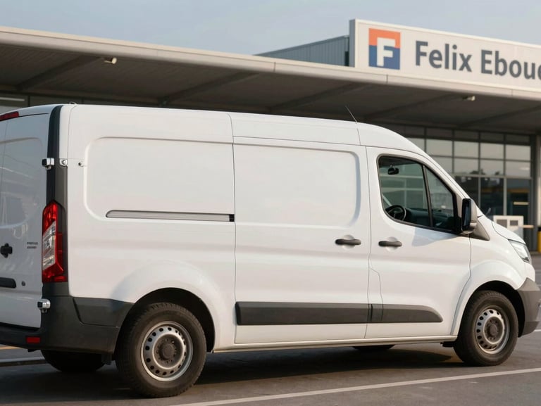 Exterior side view of a clean white shuttle van parked at Felix Eboue airport departures drop-off zone, late afternoon light, airport signage partially visible in background, no passengers