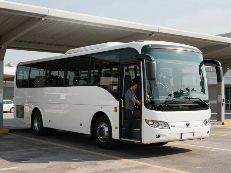 Full-length exterior of a Monif coach parked at a Cayenne bus terminal, mid-morning light, driver performing a pre-departure walkround check, luggage bay open, no passengers visible