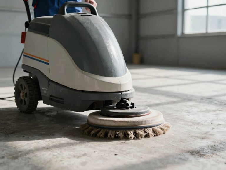 Close-up of a professional cleaning technician using a heavy-duty floor scrubber on a light grey concrete surface, bright daylight streaming through warehouse windows.