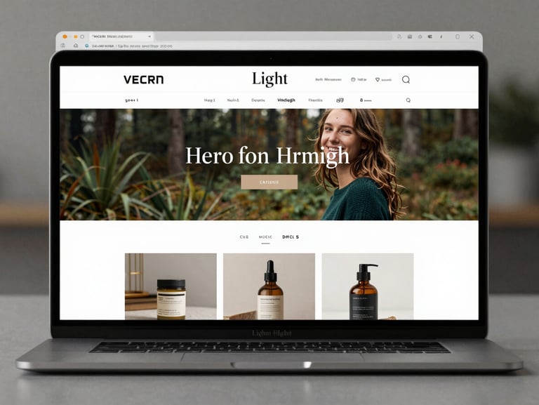 Tight crop of a browser window displaying a beautifully designed website homepage — visible navigation, hero typography, and a product image section, photographed straight-on on a matte desk under soft daylight, screen glare absent