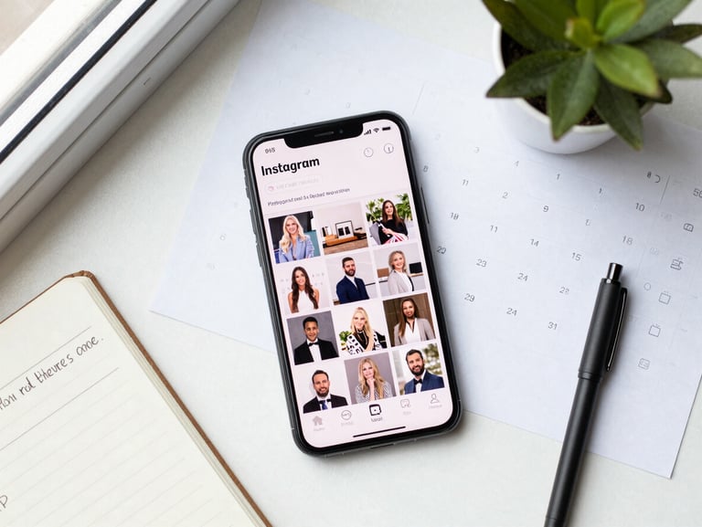 Overhead flatlay of a phone displaying a polished Instagram grid, surrounded by a printed content calendar, a small plant, and a notebook with performance notes — bright even natural light from a window to the left, clean white surface