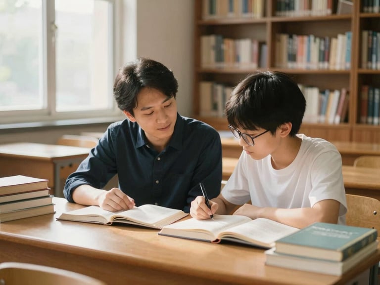 A collaborative one-on-one mentorship session between a mentor and student in a sunlit university study room, open books, scholarly atmosphere.