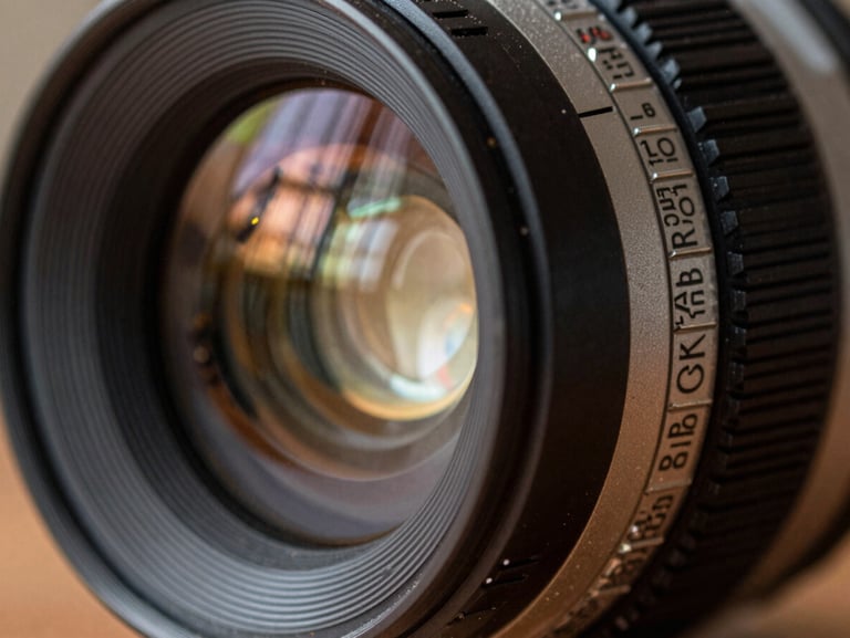 Extreme close-up of a vintage 50mm film lens, dust particles catching a soft ray of window light, warm walnut tones, organic film grain.