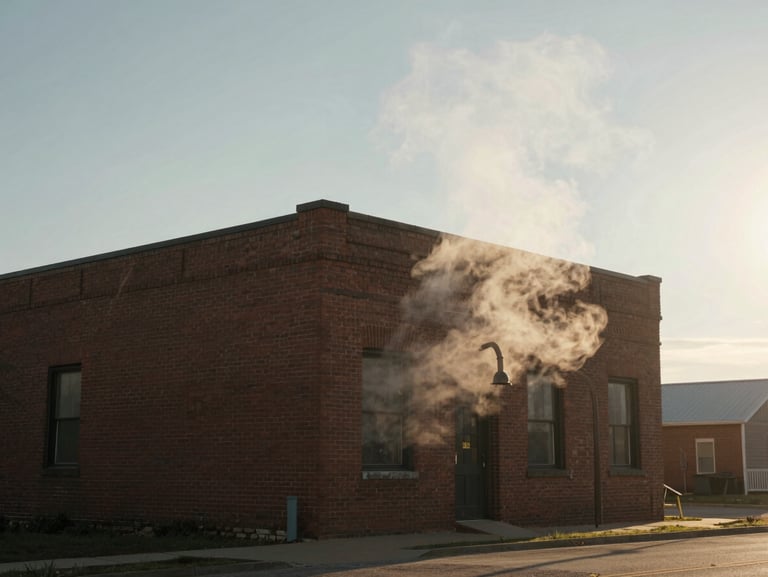 Overcast morning light on a historic brick bakery front in Utah, steam rising from a side vent, cinematic composition, quiet documentary style.