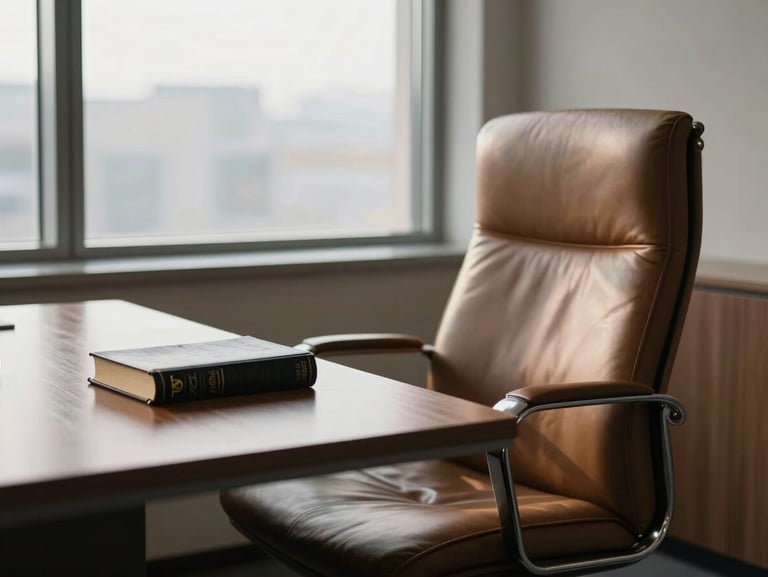A quiet, modern office interior with soft natural light streaming through a large window, an empty leather chair beside a wooden table with a closed Bible.