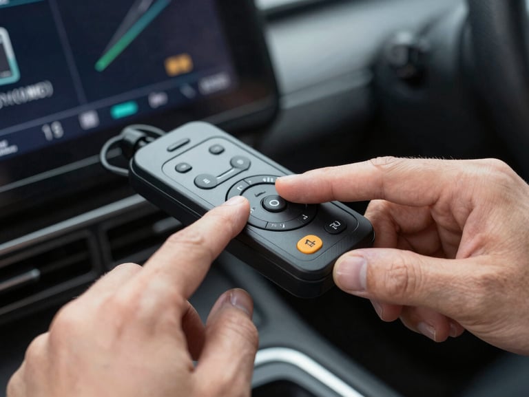 Macro shot of hands using a high-tech key programming tablet connected to a car dashboard, screen glowing with diagnostic data, shallow depth of field
