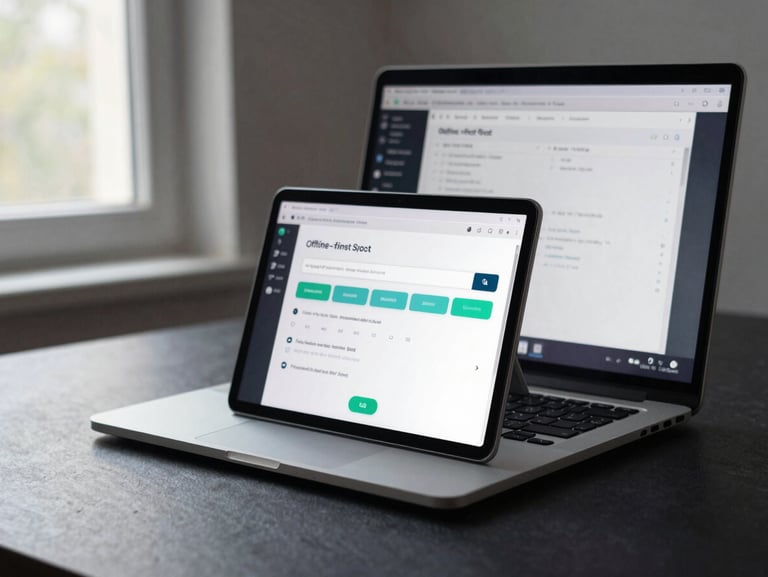 Developer workstation showing an offline-first sync state UI on an Android device propped beside a laptop, cool indoor daylight from a window left, conflict-resolution log visible on screen, no people, slate desk surface