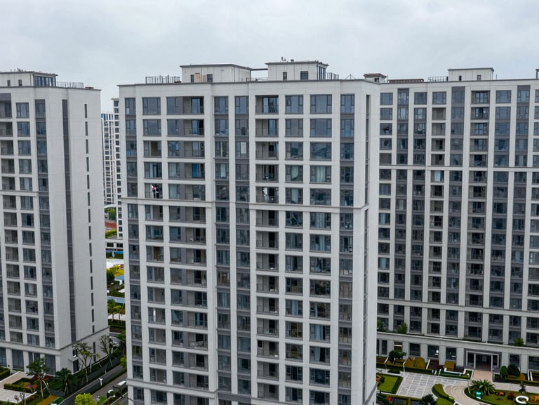 High-angle exterior view of a dense modern apartment complex, clean lines, neutral overcast daylight, emphasizing structural density.