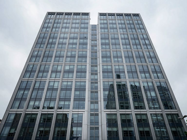 Symmetrical straight-on elevation of a premium commercial corporate headquarters, steel and glass facade, crisp overcast daylight.