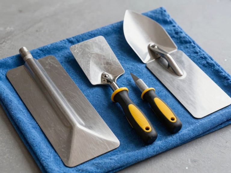 Clean, organized professional drywall tools including trowels and texture sprayers resting neatly on a blue drop cloth