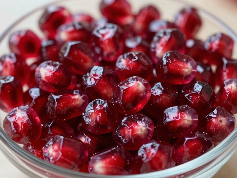 Macro close-up of fresh pomegranate arils in a glass bowl under bright diffused daylight, showing deep ruby-red translucent seeds with visible inner structure, overhead framing