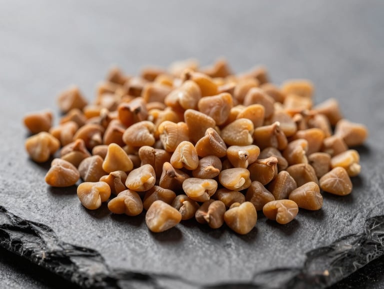 Macro close-up of fenugreek seeds in a small pile on a dark slate surface under bright diffused studio light, showing angular yellow-brown seed form and hard surface texture