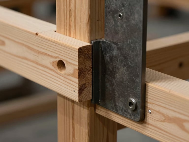 Close-up of heavy engineered timber joinery meeting a dark steel bracket, highlighting precise structural craftsmanship