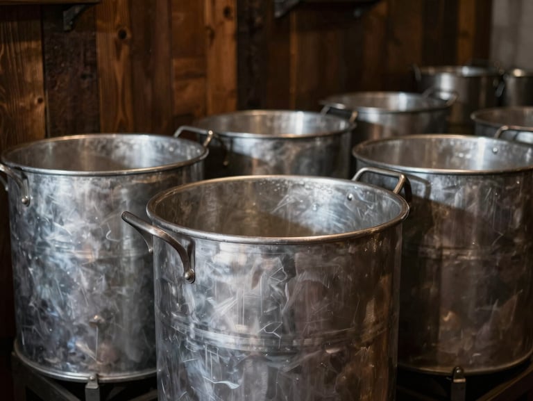 Large industrial-sized aluminum cauldrons and heavy kitchenware in a rustic restaurant kitchen, warm ambient light.