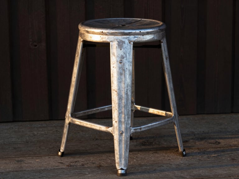 Traditional rustic cowboy stool made of cast aluminum, outdoor farm setting, sunset side light highlighting the sturdy legs.
