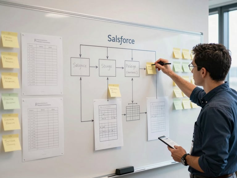Two operations team members at a whiteboard mapping out Salesforce pipeline stage logic, natural daylight from a window, sticky notes and printed field-mapping sheets visible on the board