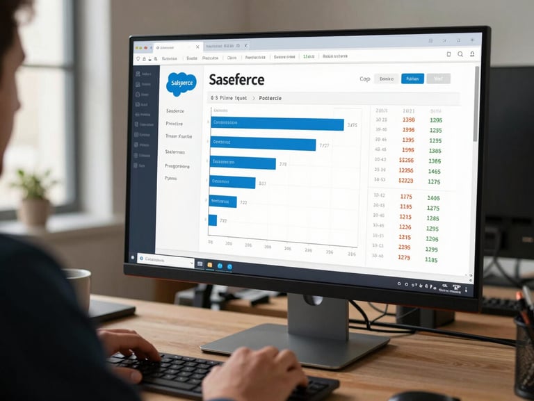 Close-up of a Salesforce dashboard on a wide monitor showing pipeline and quota metrics, a team member's hand resting on the desk beside it, warm natural office light from the left