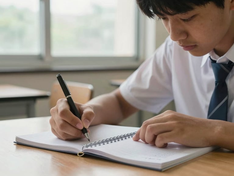 Close-up of a high school student's hands writing in a notebook during a science class, with a school uniform sleeve visible, bright natural daylight from a classroom window.
