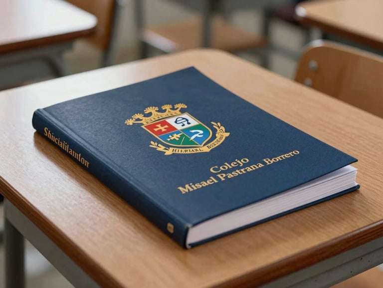 Close-up of a physical school handbook with the emblem of Colegio Misael Pastrana Borrero, resting on a clean wooden classroom desk under natural daylight.