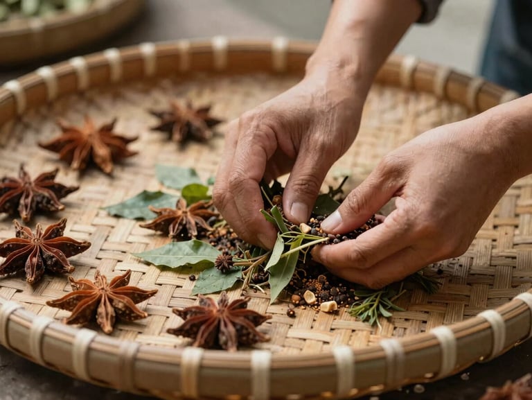 Close-up of local hands sorting freshly harvested spices on a woven bamboo tray, soft natural afternoon light.
