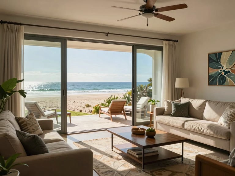 Sunny living room of Unit 204, showing coastal decor and wide sliding doors opening directly onto a lower-level lanai closer to the sand