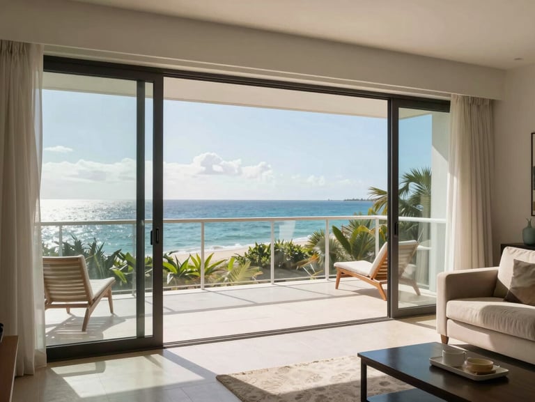 Bright interior view of Unit 402 living area, looking out through sliding glass doors to a wide balcony with elevated views of Lovers Key pass, afternoon light