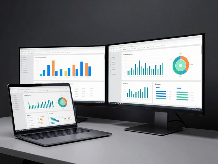 Wide-angle shot of a laptop and secondary monitor on a clean desk, both screens displaying a product dashboard with analytics graphs and user-flow diagrams, cool studio lighting from the left, no glare, screen content sharp and legible, dark background behind the setup