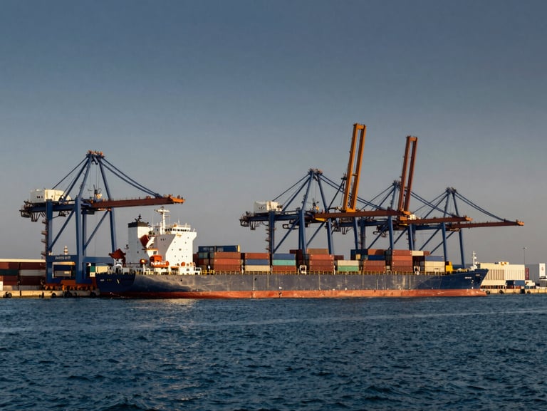Wide environmental shot of a modern UAE container and tanker port at golden hour, deep blue water, cargo cranes in background, cinematic maritime photography