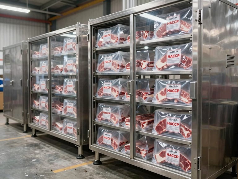 Pristine stainless steel cold storage facility inside a maritime warehouse, vacuum-sealed meat boxes with visible HACCP certification stamps under crisp white lighting.