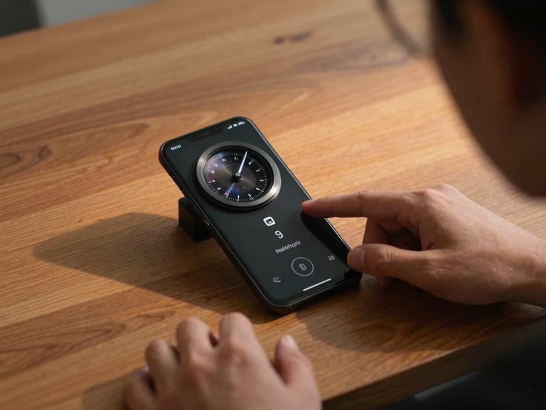 Over-the-shoulder shot of a hand tapping a custom weather widget on a Nothing phone, casting a soft orange glow onto a wooden desk.