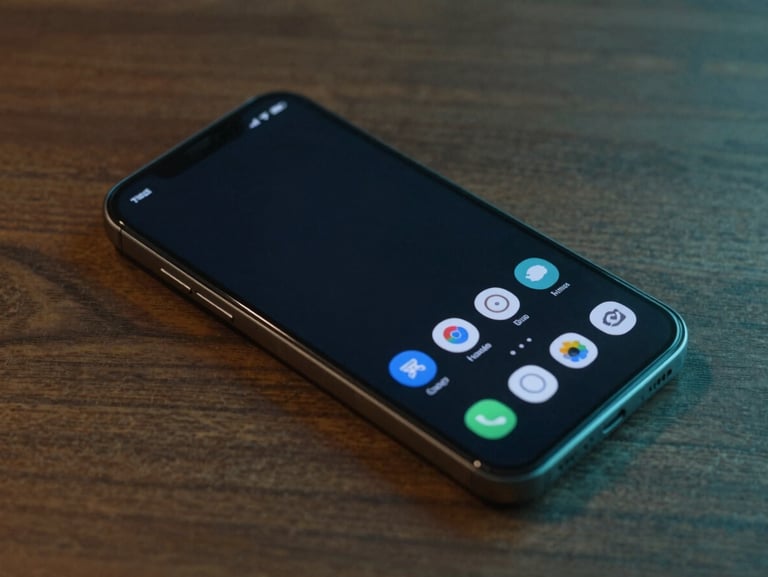 Macro close-up of a physical Google Pixel phone displaying a dark-mode minimalist launcher interface on a wooden desk, moody ambient lighting casting a soft teal glow.