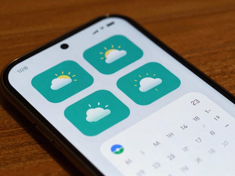 Macro shot of a Google Pixel screen showing custom teal-accented weather and calendar widgets, warm desk lighting, close-up crop