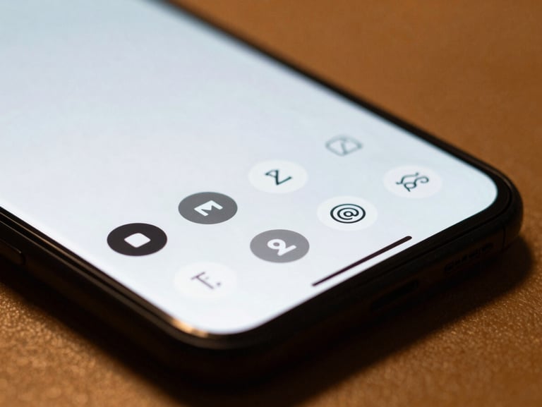 Macro close-up of a Nothing Phone displaying a minimalist monochrome app launcher, soft amber backlighting, shallow depth of field