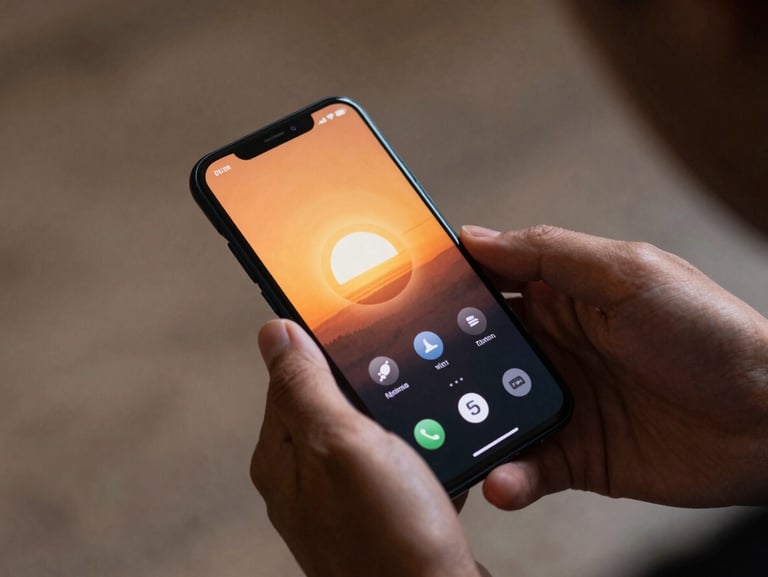 Over-the-shoulder shot of a hand interacting with custom weather widgets on a Nothing phone, soft warm-amber screen glow illuminating the fingers.