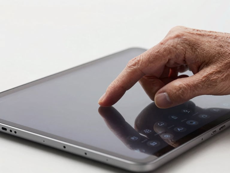 A close-up of an elderly hand gently tapping a high-contrast, large-button interface on a modern Android tablet under bright, soft studio light.