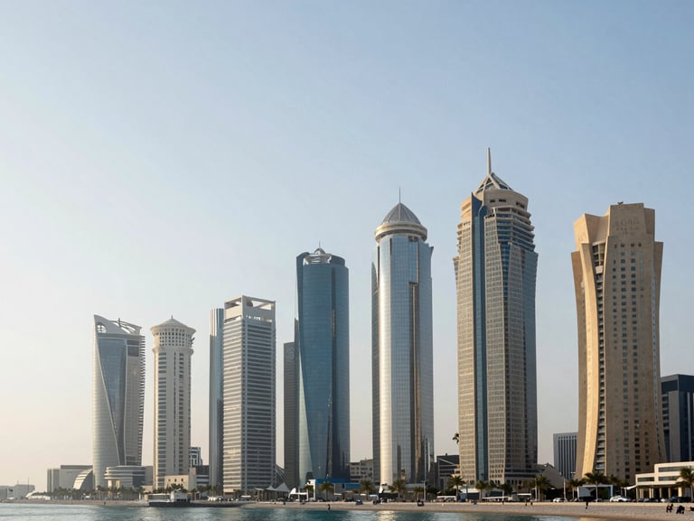 Wide panoramic view of West Bay Doha modern skyscrapers during a bright cool morning, clean architectural lines, negative space on the left