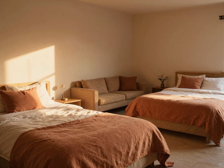 Spacious family room with two separate beds, warm lighting, terracotta and beige textiles, cozy seating corner