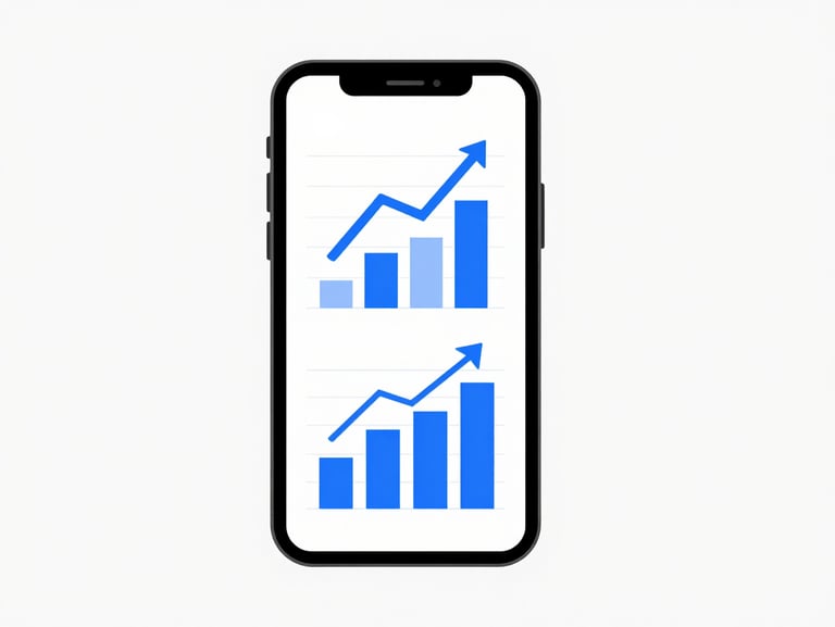 A clean flat vector illustration of a smartphone displaying colorful study graphs, bright digital blue and white accents, minimalist geometric shapes, high-contrast crisp digital art style