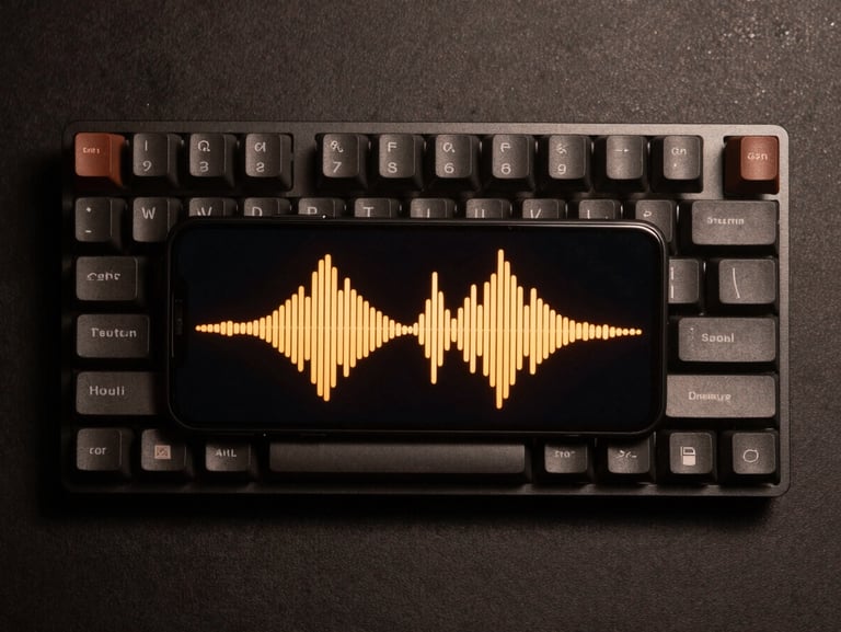 Top-down flat lay of a dark mechanical keyboard and an Android device showing a clean audio waveform interface casting a warm electric-amber glow.