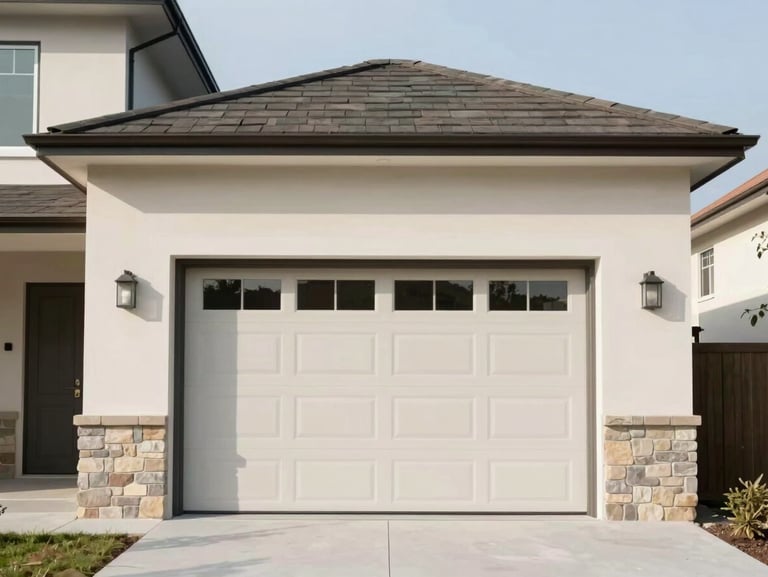 Straight-on architectural shot of a clean, modern home exterior under bright daylight, neutral muted tones, sharp focus, 35mm lens